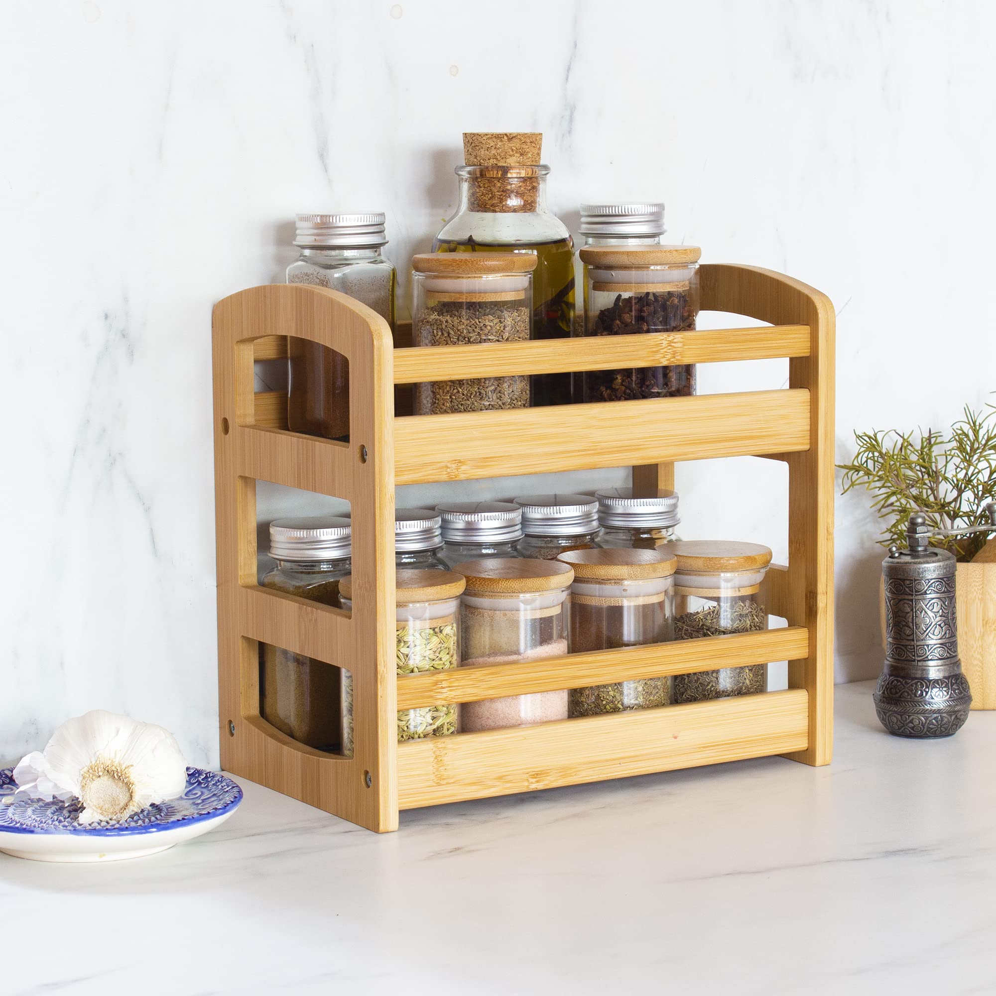 Totally Bamboo spice rack two-level organizer fits neatly in cupboards for easy storage.
