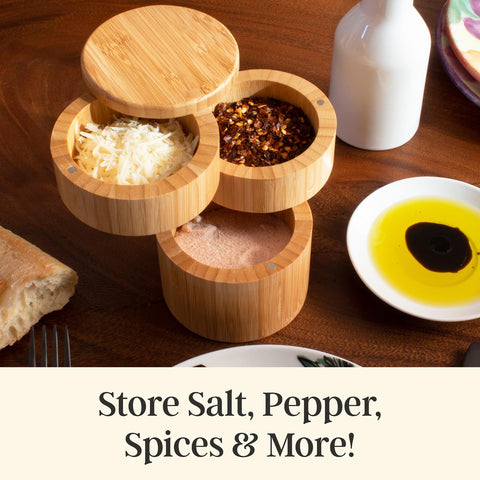 Totally Bamboo bottom compartment holds larger amounts of seasonings.