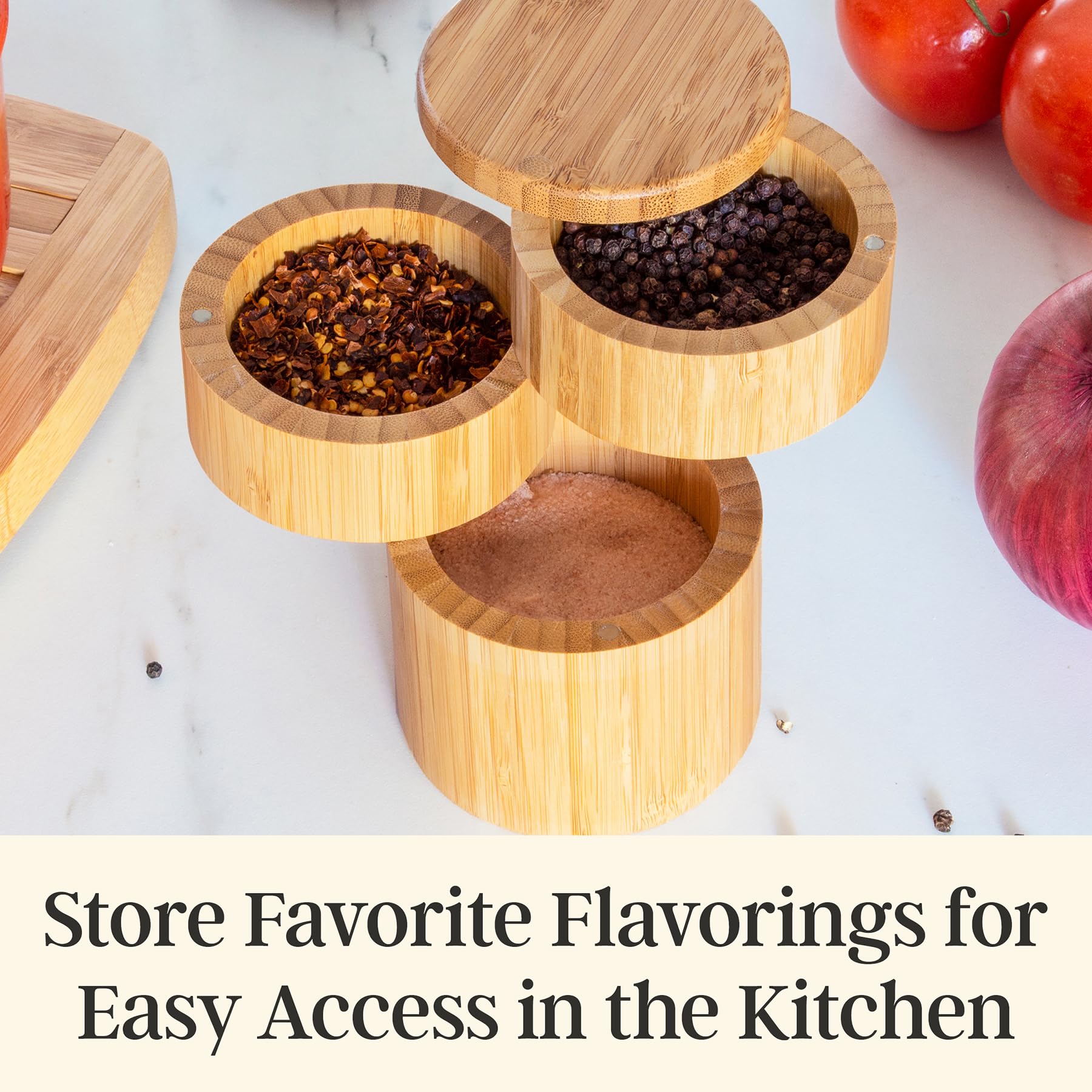 Totally Bamboo middle compartment neatly stores spices for organized prep.