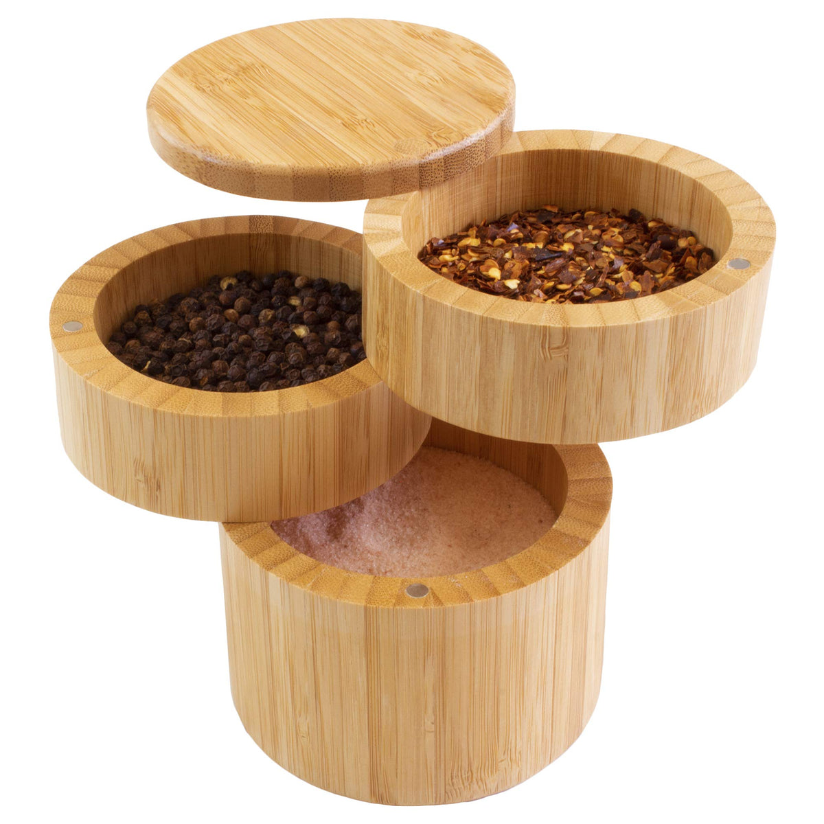 Totally Bamboo top compartment for quick one-handed seasoning on the counter.