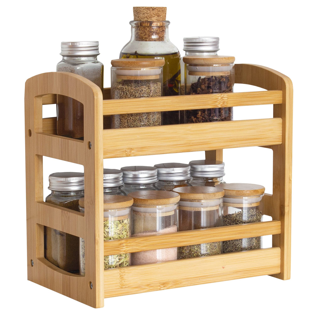 Totally Bamboo two-shelf spice caddy on counter keeps spices organized and accessible.