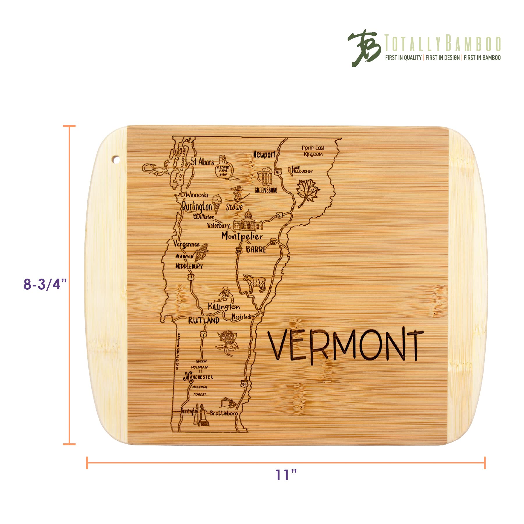 Totally Bamboo Vermont board on a counter, shining as an eco-friendly option for everyday meals.