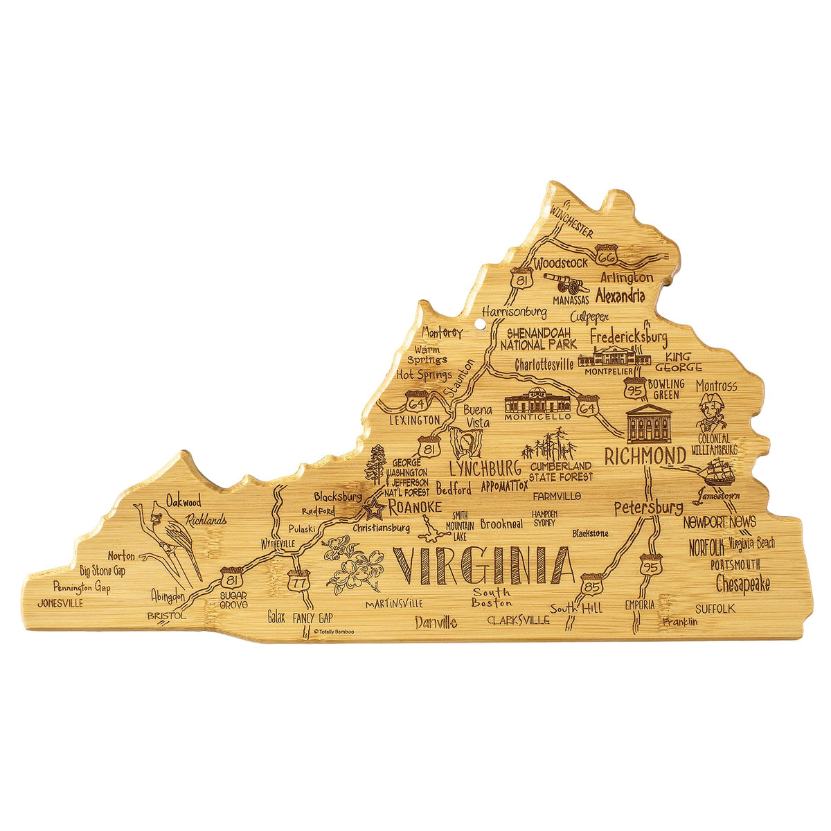 Totally Bamboo Virginia destination map cutting board with city details for stylish entertaining.
