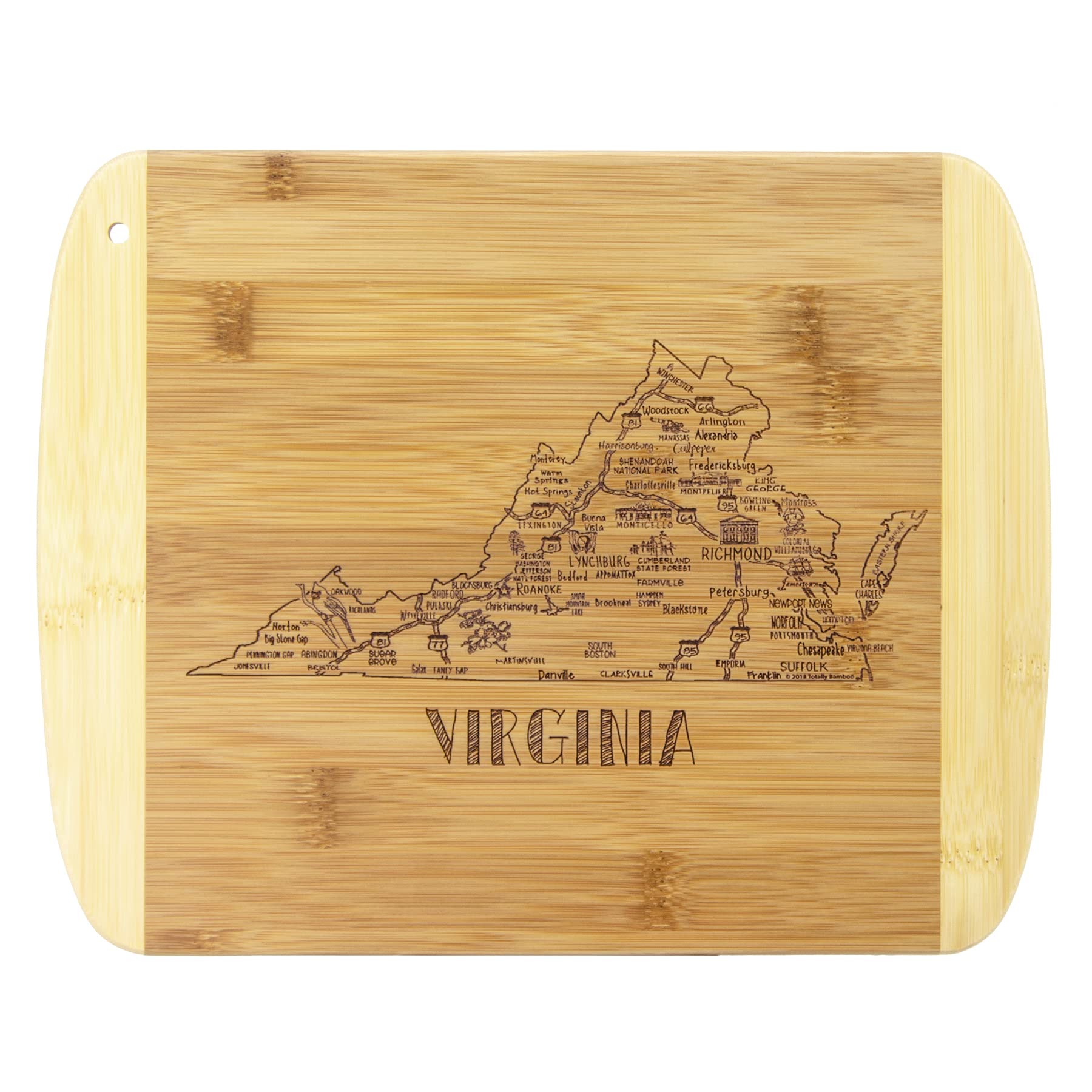 Totally Bamboo Virginia state board front engraving highlights Virginia landmarks for stylish serving.