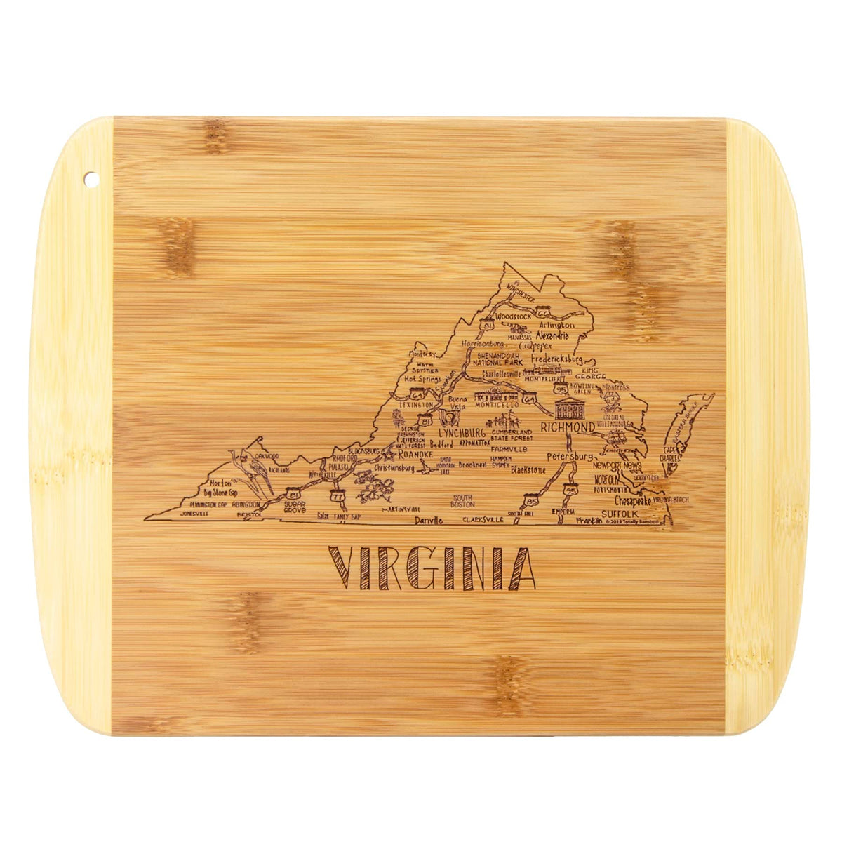 Totally Bamboo Virginia state board front engraving highlights Virginia landmarks for stylish serving.