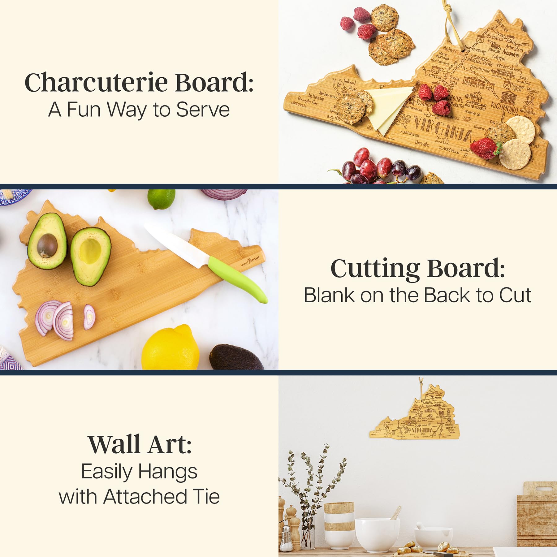 Totally Bamboo Virginia state-shaped cutting board, perfect for prep and display.