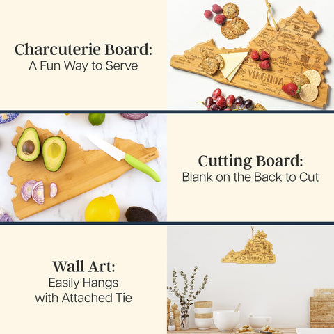Totally Bamboo Virginia state-shaped cutting board, perfect for prep and display.