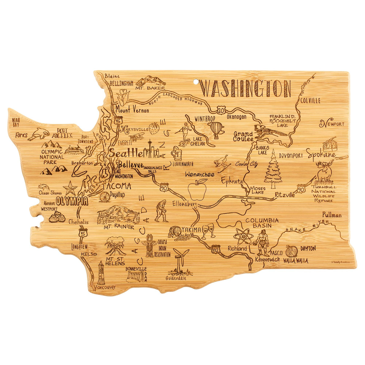 Totally Bamboo Washington state cutting board with map engraving for stylish kitchen prep.