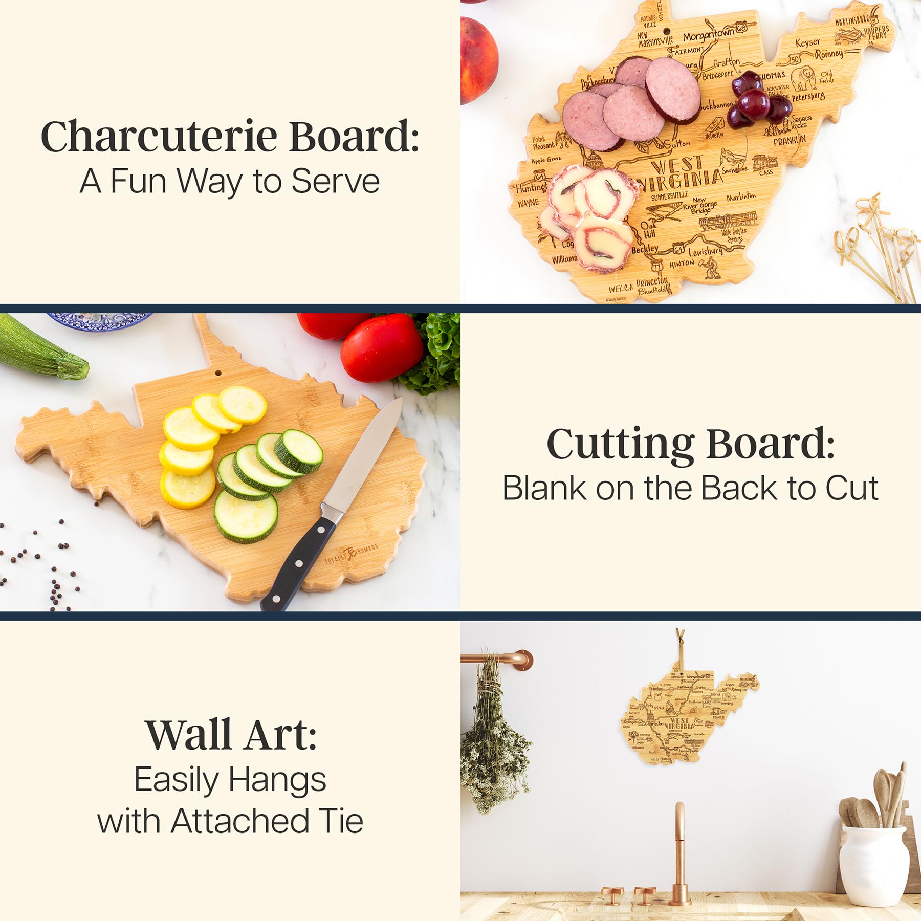 Totally Bamboo WV map board doubles as a charming charcuterie centerpiece.