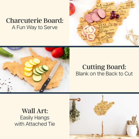 Totally Bamboo WV map board doubles as a charming charcuterie centerpiece.
