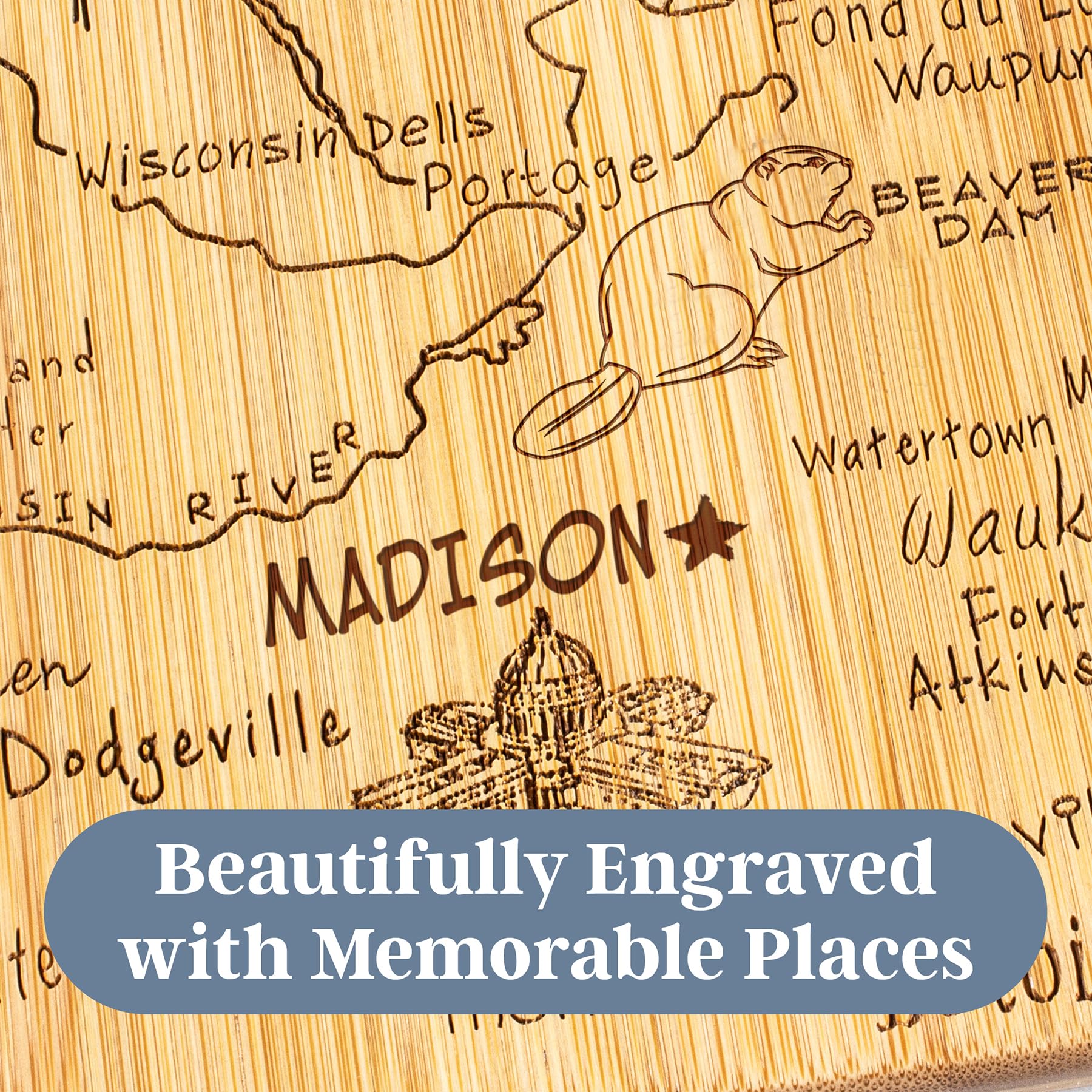 Totally Bamboo Wisconsin serving board offers reversible cutting surface for versatility.