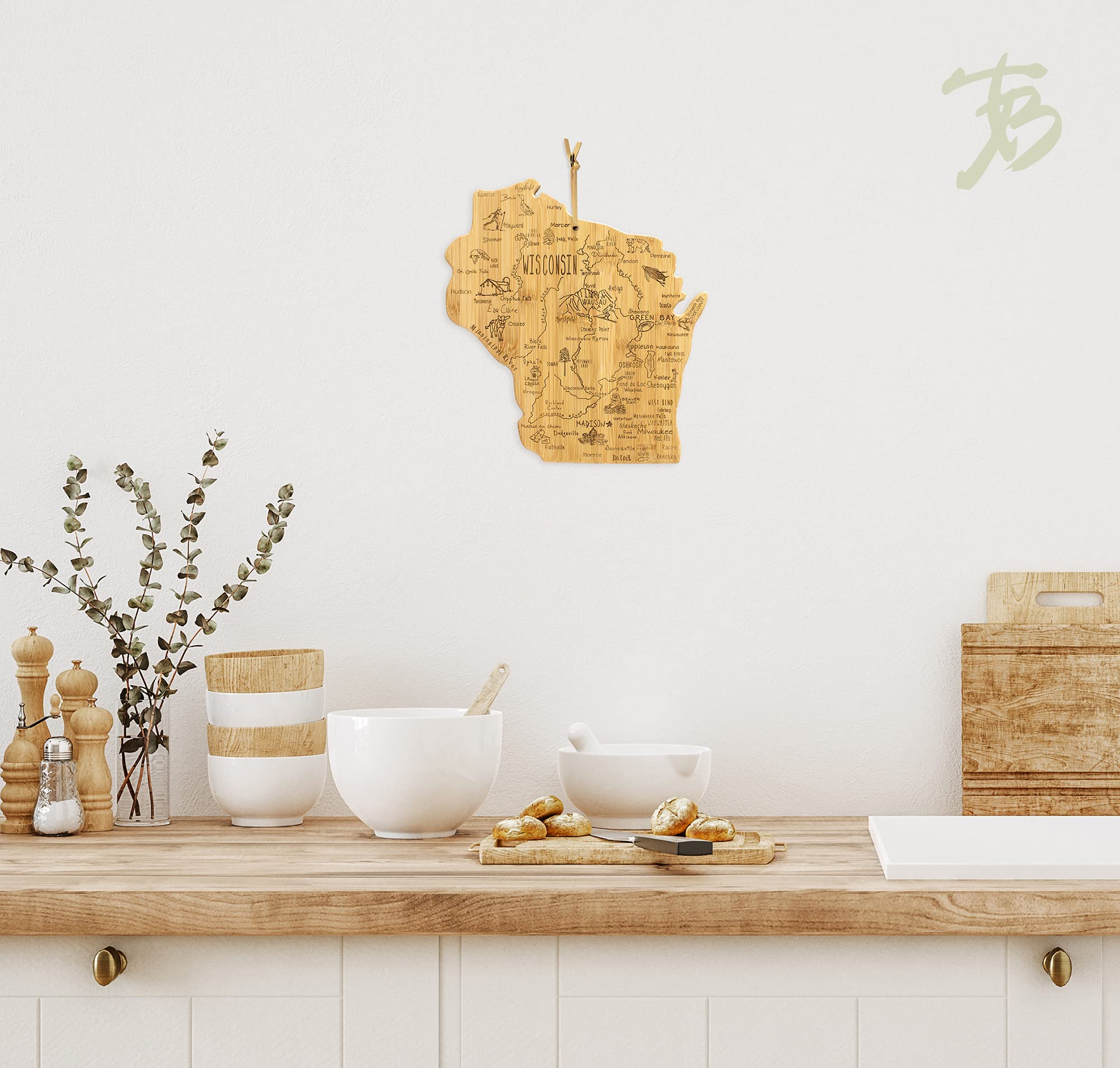 Totally Bamboo Wisconsin engraved artwork highlights towns for decorative kitchen display.