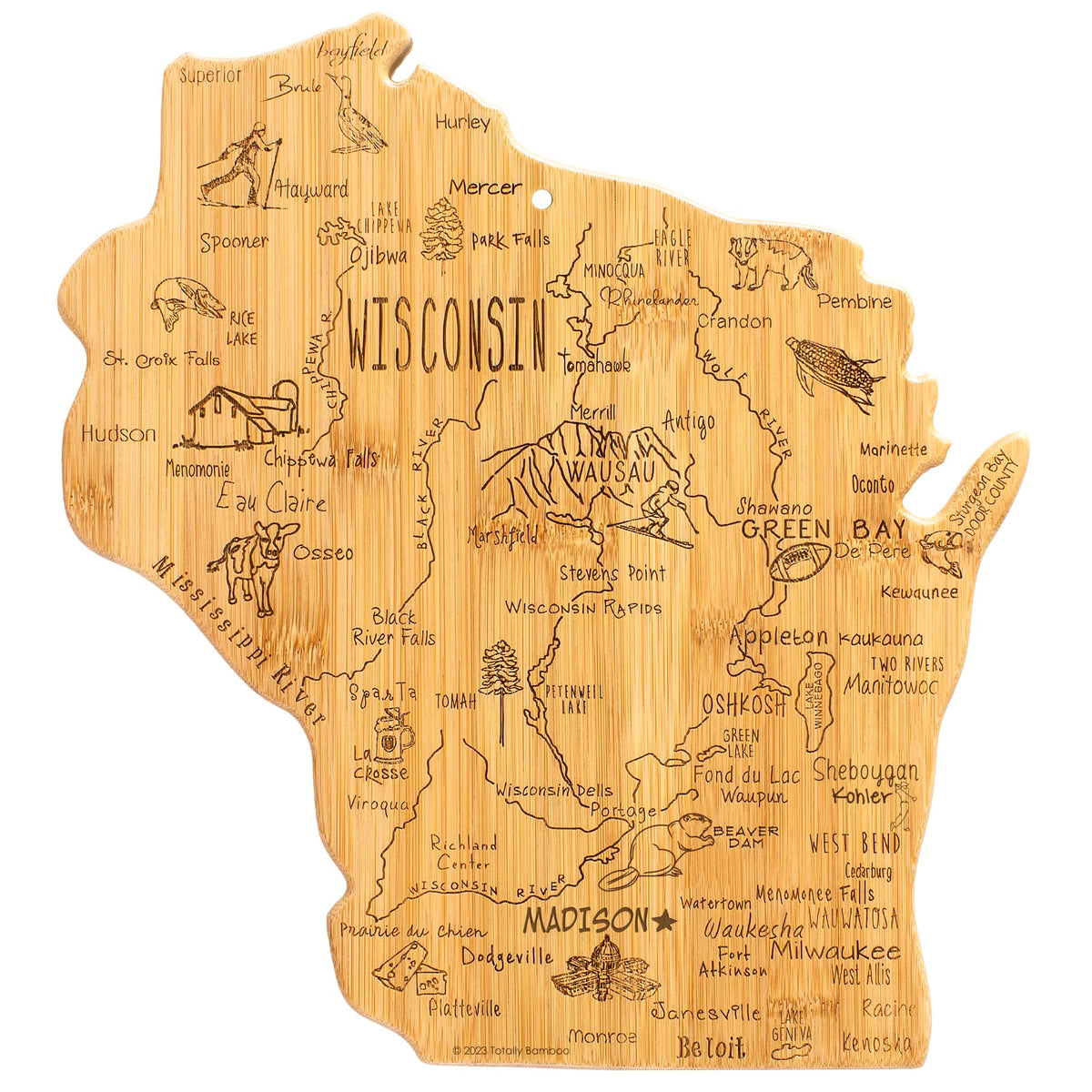 Totally Bamboo Wisconsin state-shaped board front view for stylish serving and cutting.