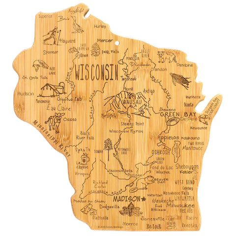 Totally Bamboo Wisconsin state-shaped board front view for stylish serving and cutting.