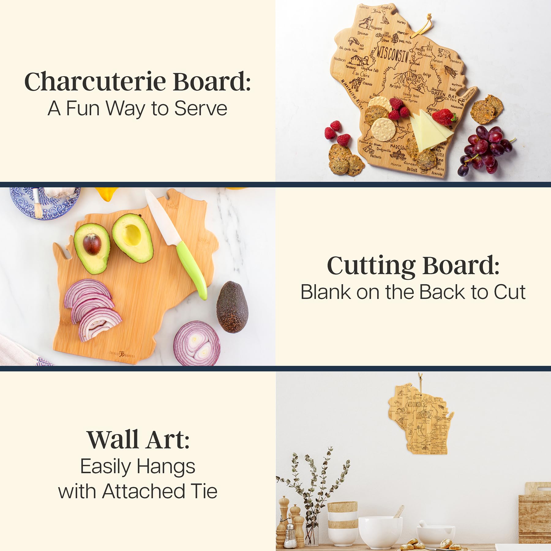 Totally Bamboo wall-hang tie enables easy Wisconsin board wall display.