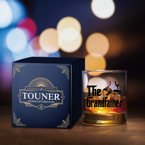 Close view of TOUNER Grandfather glass with elegant print and clear glass.