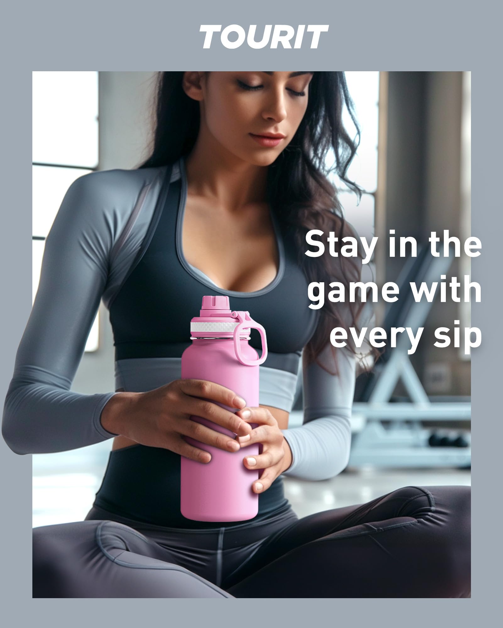 Tourit bottle in gym setting for hydration during workouts.