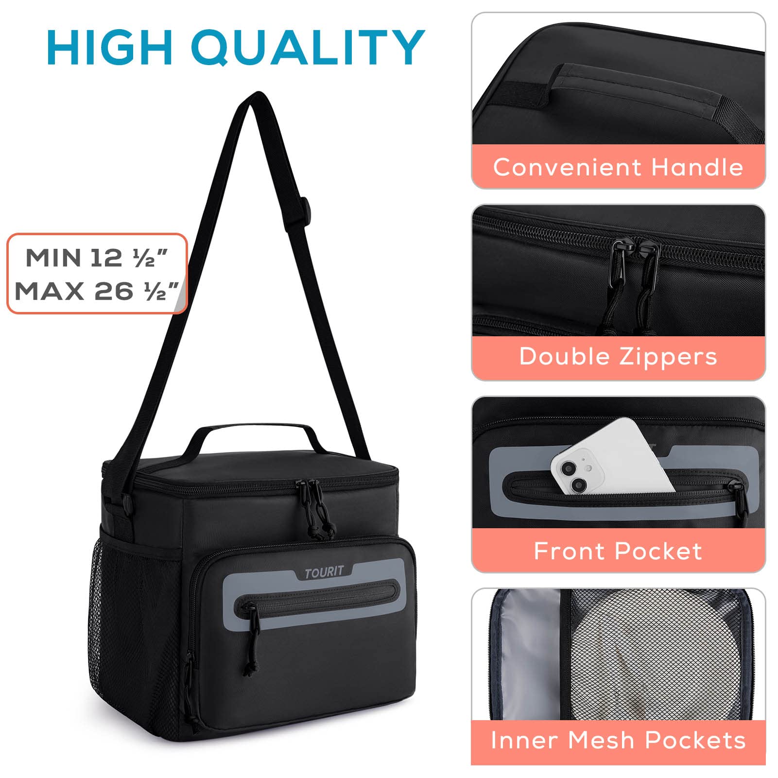 TOURIT lunch bag reinforced handle and strap offer versatile carrying options.