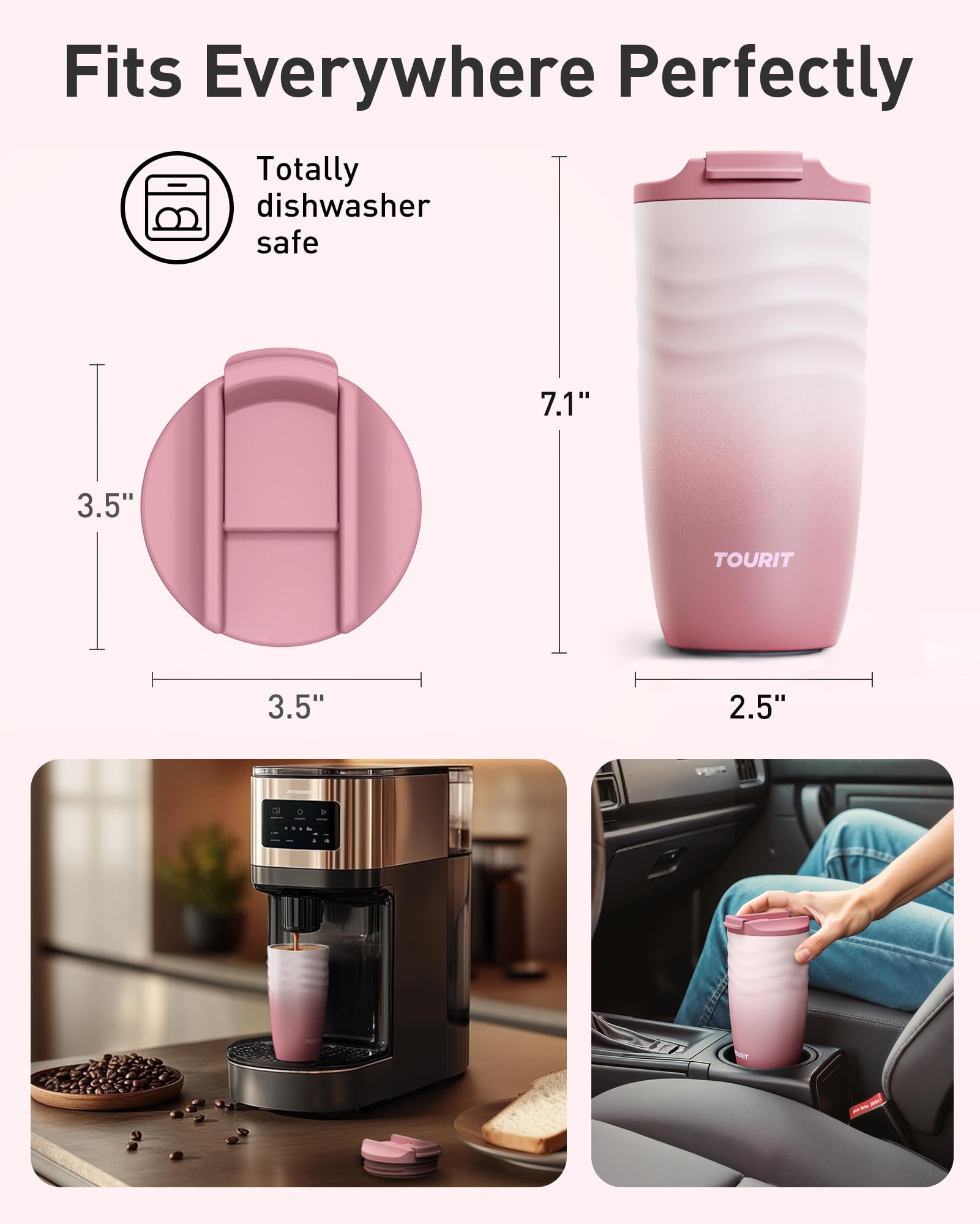 TOURIT textured base ensures a secure hold in car cup holders and backpacks