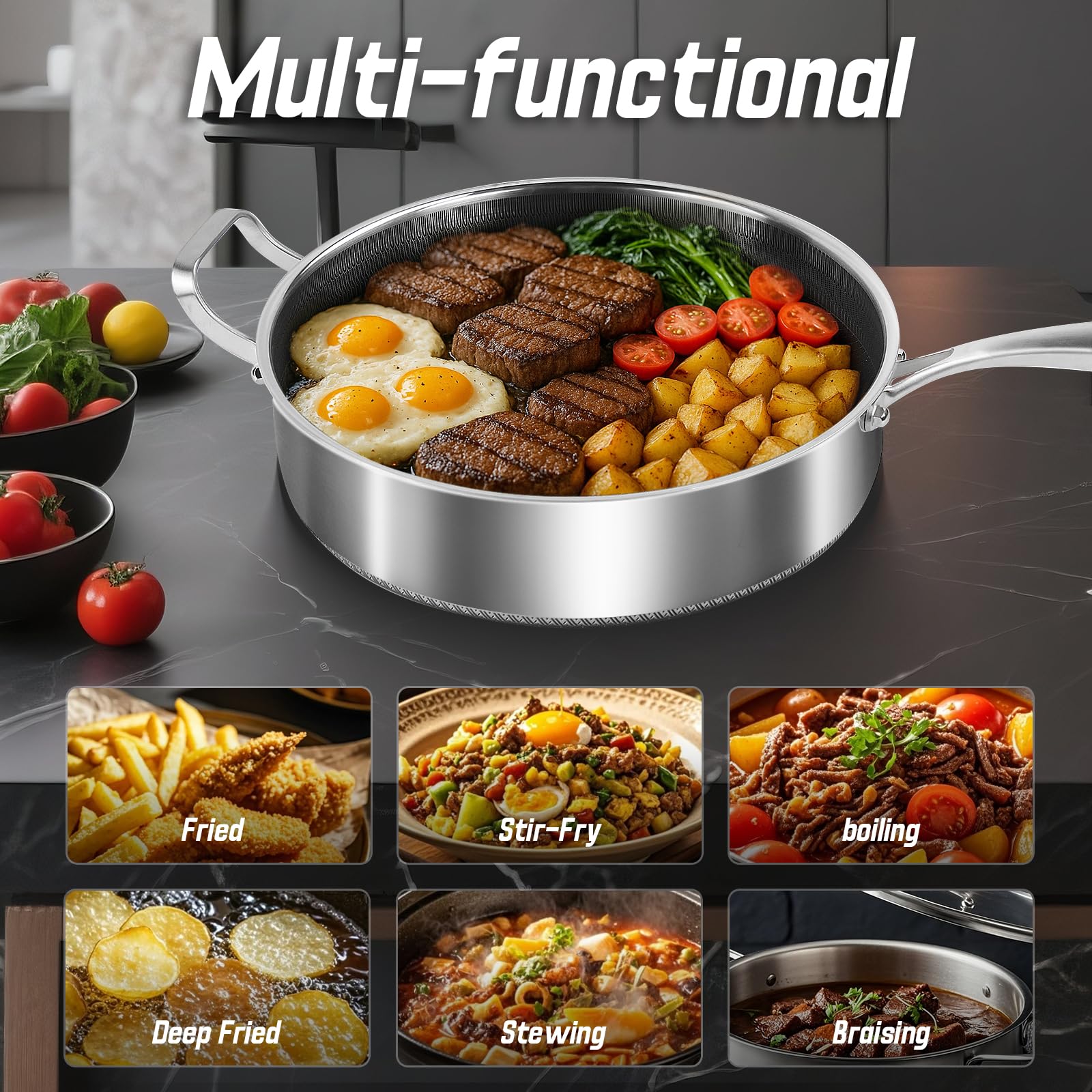Toutrop induction-compatible pan works on all cooktops for versatile use.