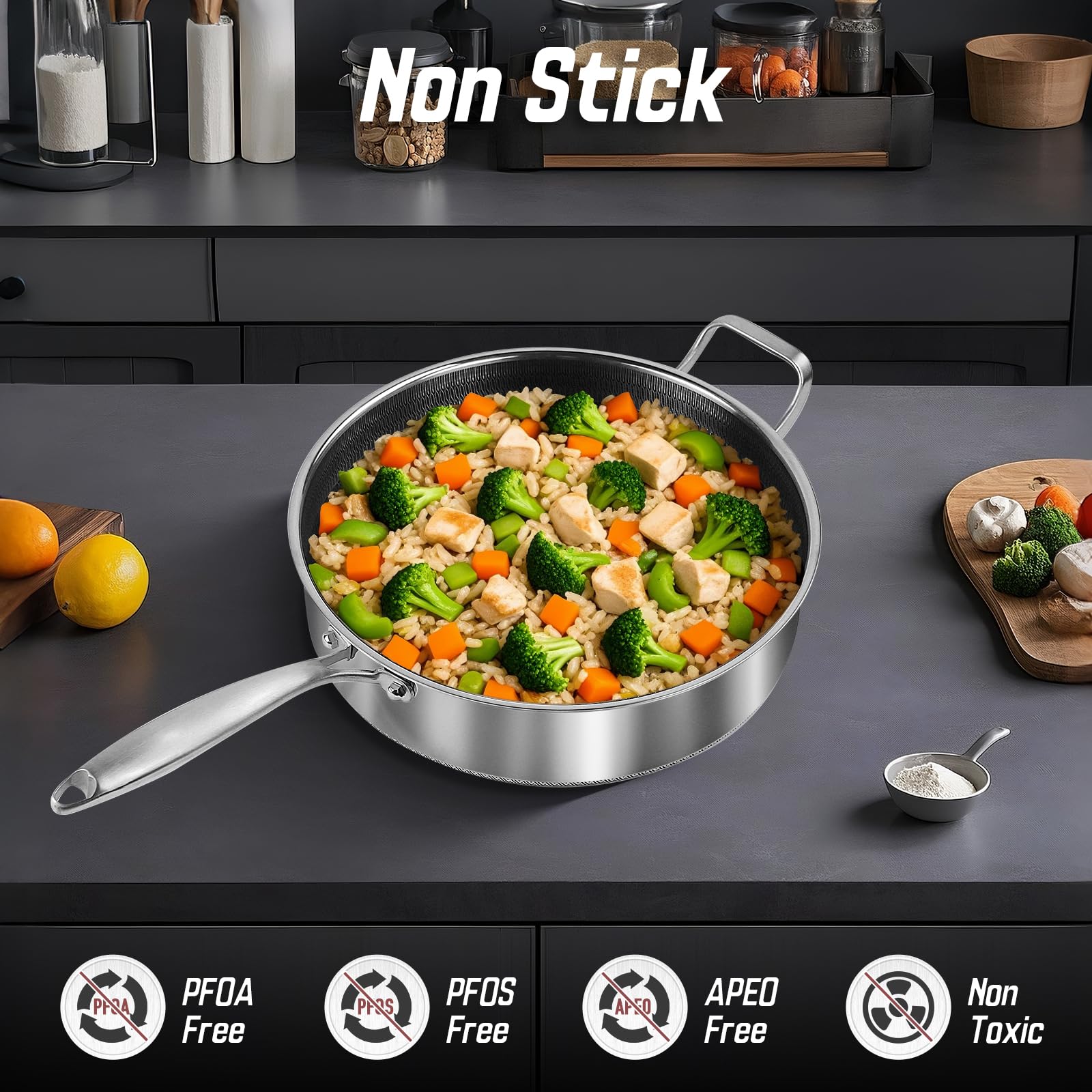 Toutrop tri-ply stainless steel sauté pan with 13.5 inch diameter delivers even heating.