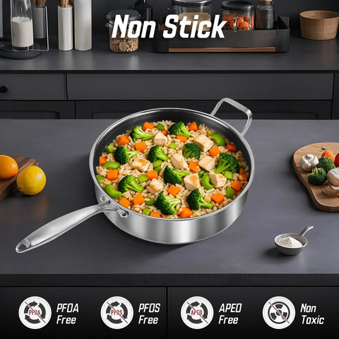Toutrop tri-ply stainless steel sauté pan with 13.5 inch diameter delivers even heating.