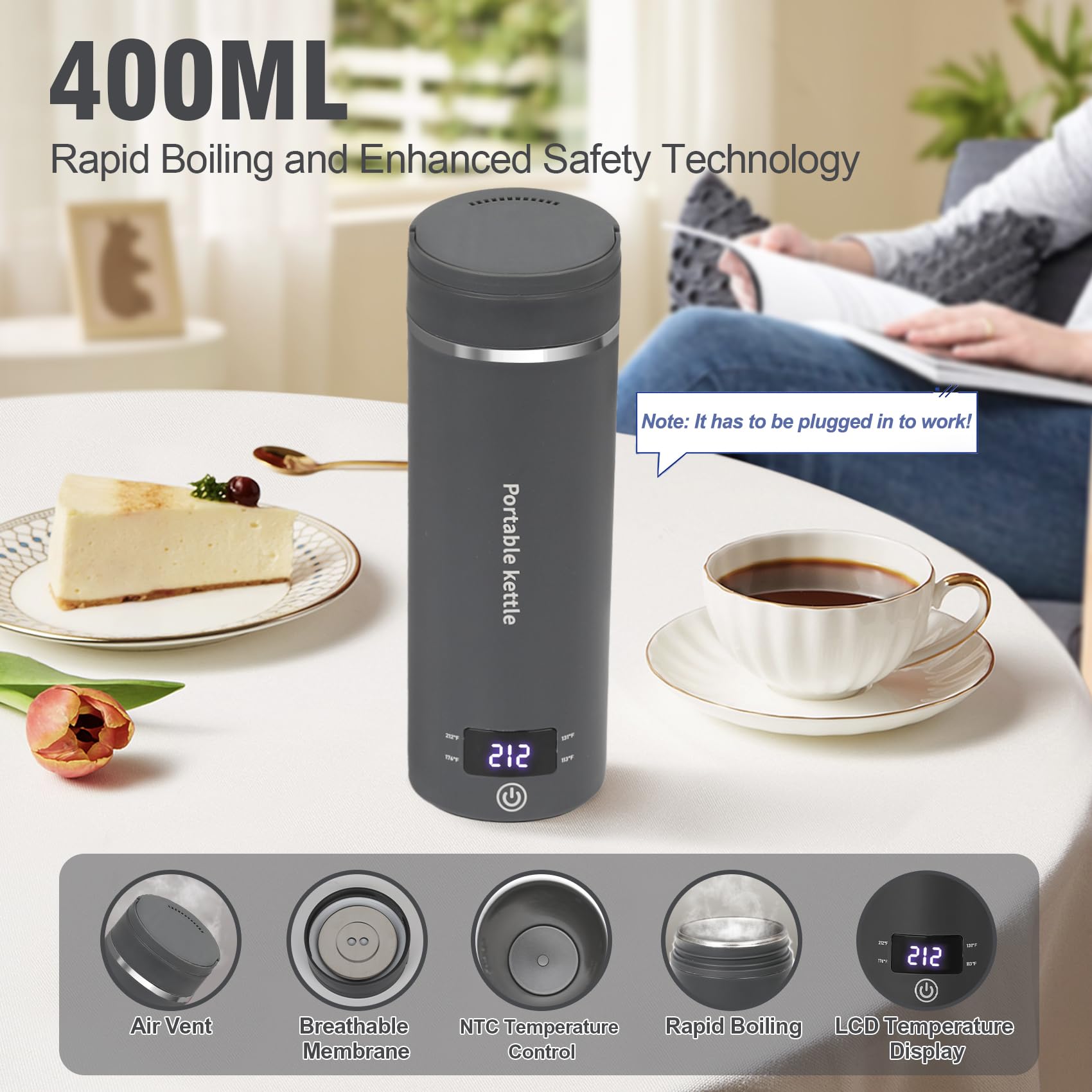 Touxila-kettle-400ml-cup-angle highlights portable 400ml capacity for hotel stays.