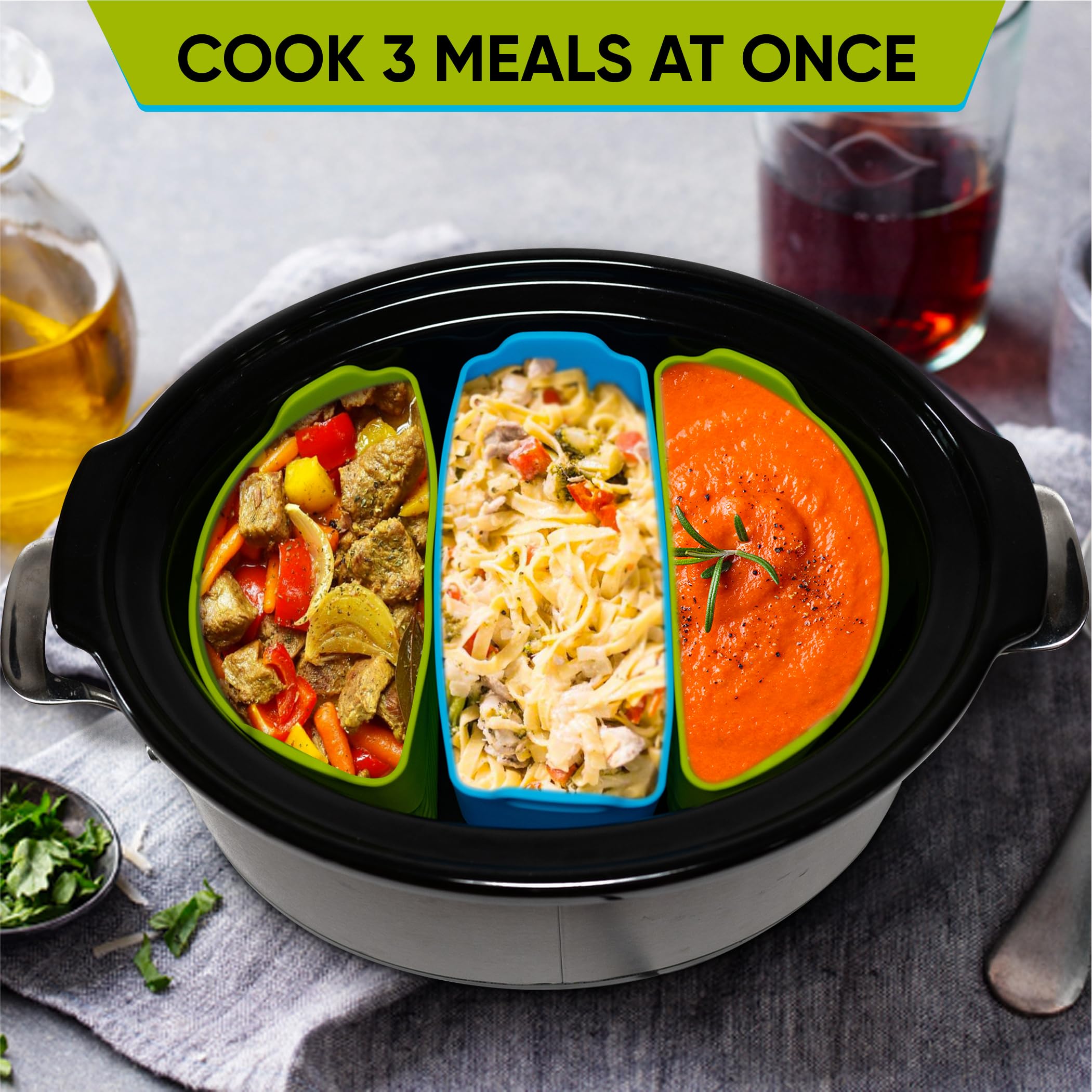 TOVU Makings silicone slow cooker liner divider insert demonstrates multi-dish capacity.