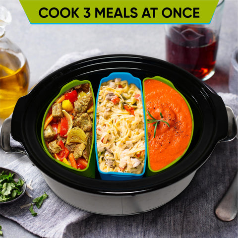 TOVU Makings silicone slow cooker liner divider insert demonstrates multi-dish capacity.