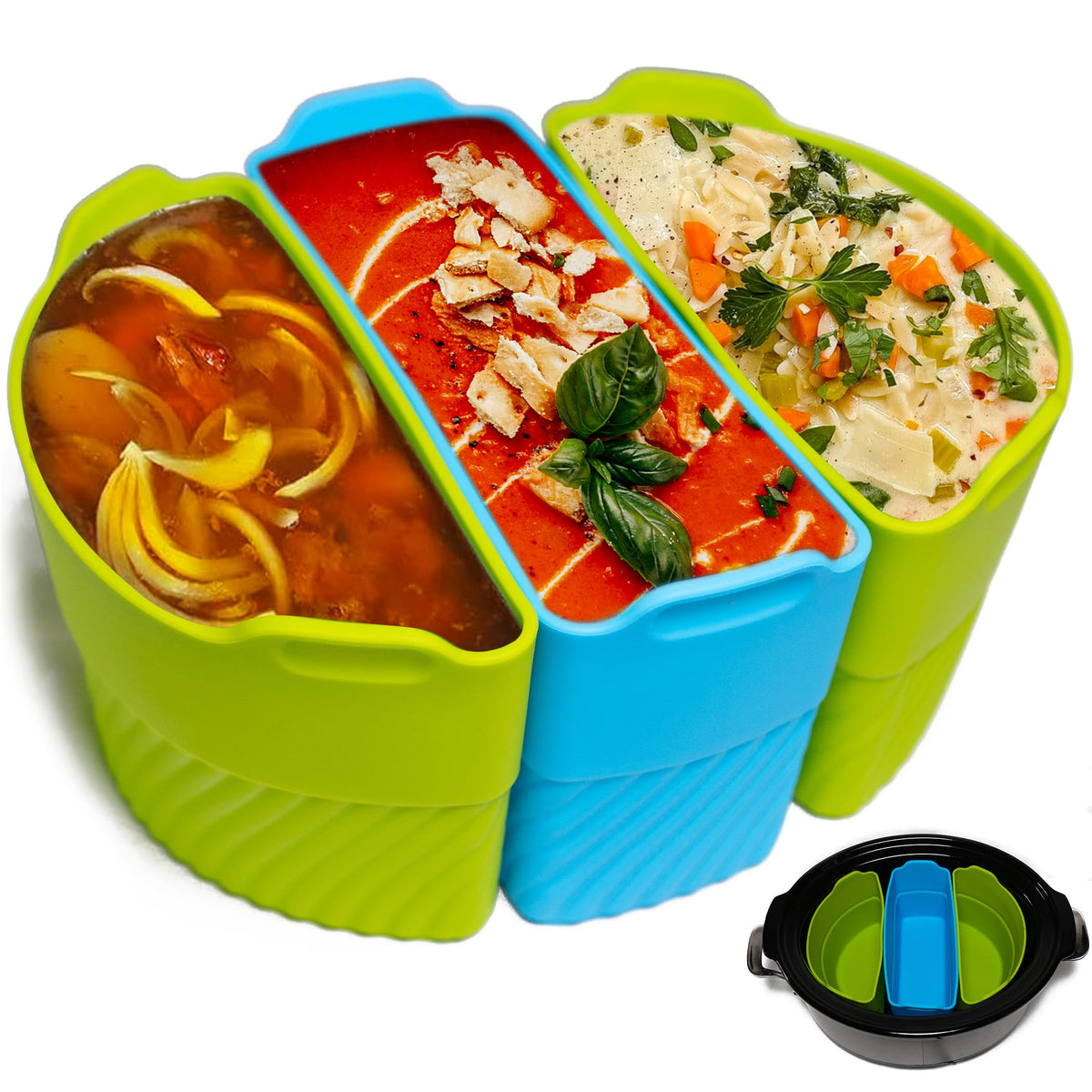 TOVU Makings silicone slow cooker liner set shown for easy cleanup and reuse.