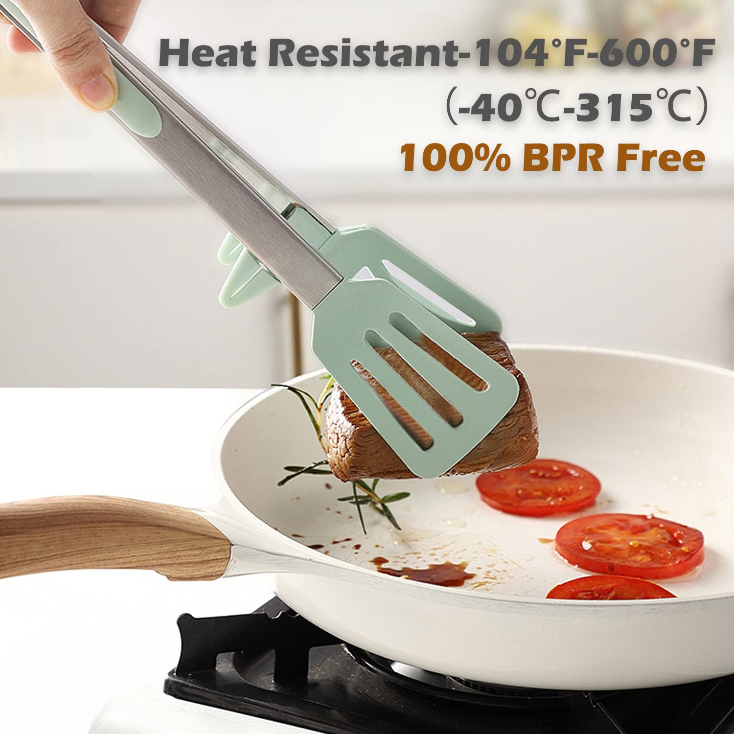 TOWINGO kickstand design keeps tongs off counters after use.