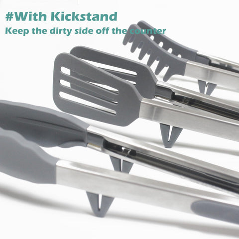 TOWINGO 12-inch Spatula Tong close-up showing silicone tips protecting nonstick cookware.