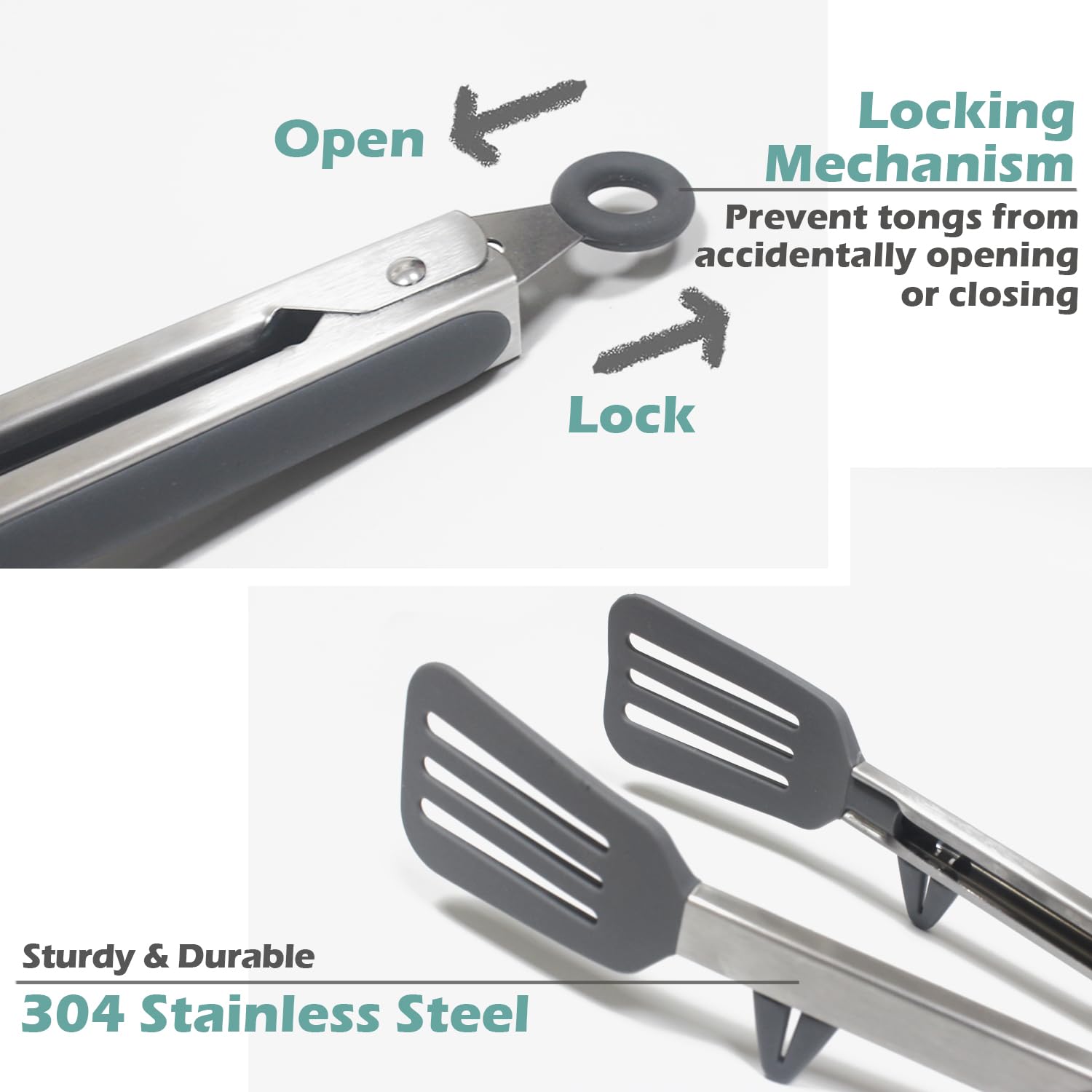 TOWINGO tongs with stand shown keeping tips off the counter.