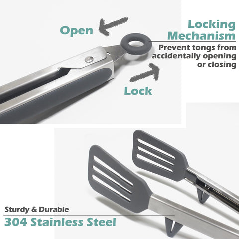 TOWINGO tongs with stand shown keeping tips off the counter.