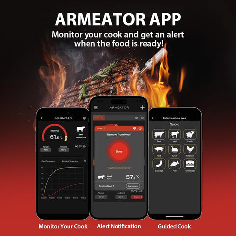 ToyCod thermometer app-guided cook screen shows real-time doneness alerts.