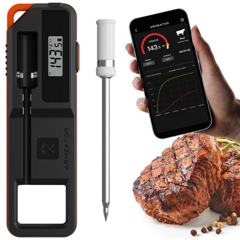 ToyCod Smart Meat Thermometer on dock charger keeps probe ready for grilling.