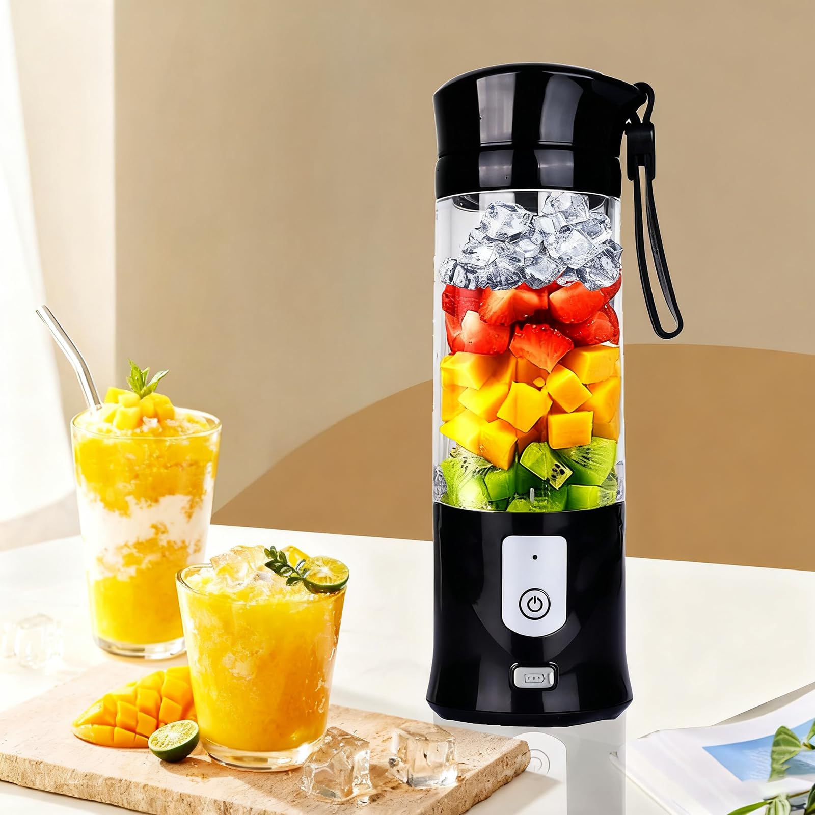 Toycol portable blender in action with 40-second blend for fast drinks.