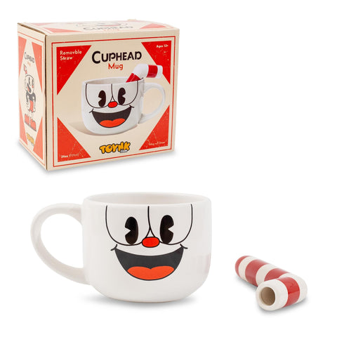 Cuphead mug with a striped straw adds playful sipping fun.