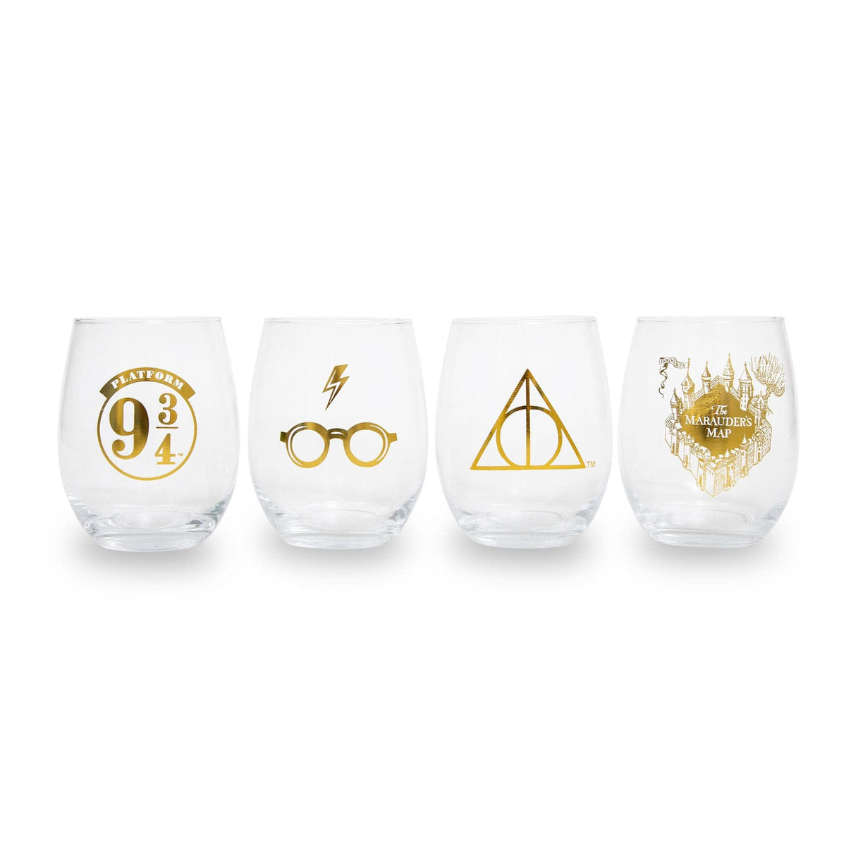 Toynk Harry Potter icons stemless wine glasses 4-set exudes wizarding charm for festive tastings.