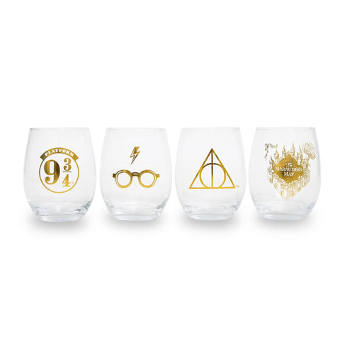 Toynk Harry Potter icons stemless wine glasses 4-set exudes wizarding charm for festive tastings.