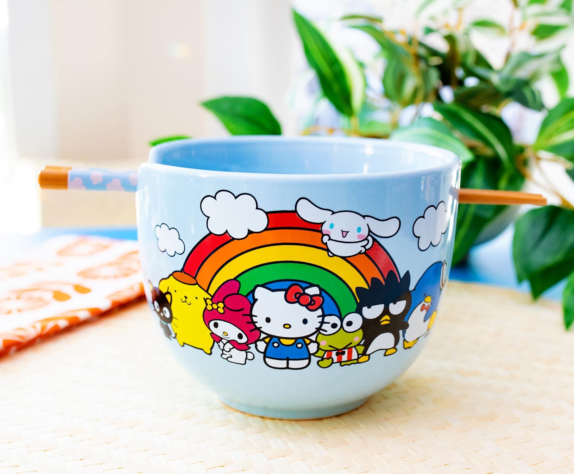 Toynk rainbow Sanrio bowl featuring friends like Badtz-Maru and Chococat.