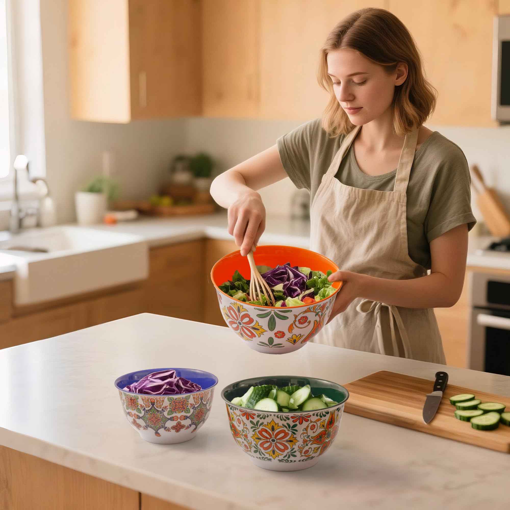 TP Aztec Bloom bowls with lids demonstrate leak-proof sealing for meal prep and storage