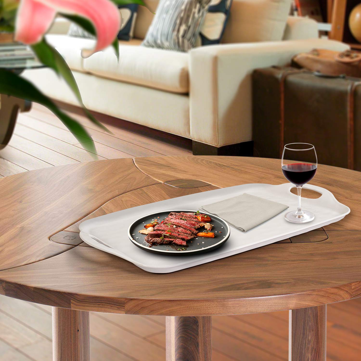 TP tray with built-in handles for easy carrying of hot dishes