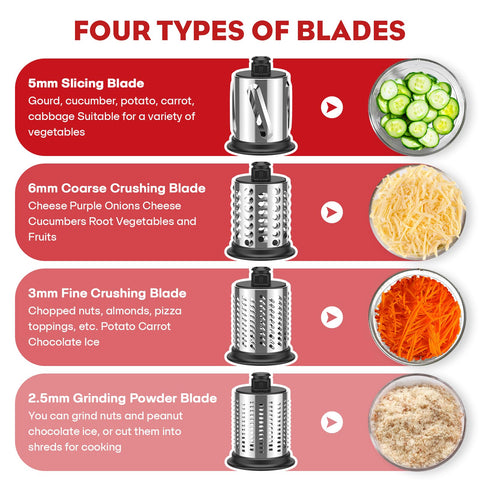 Four-blade attachment on KitchenAid for versatile shredding and grinding.