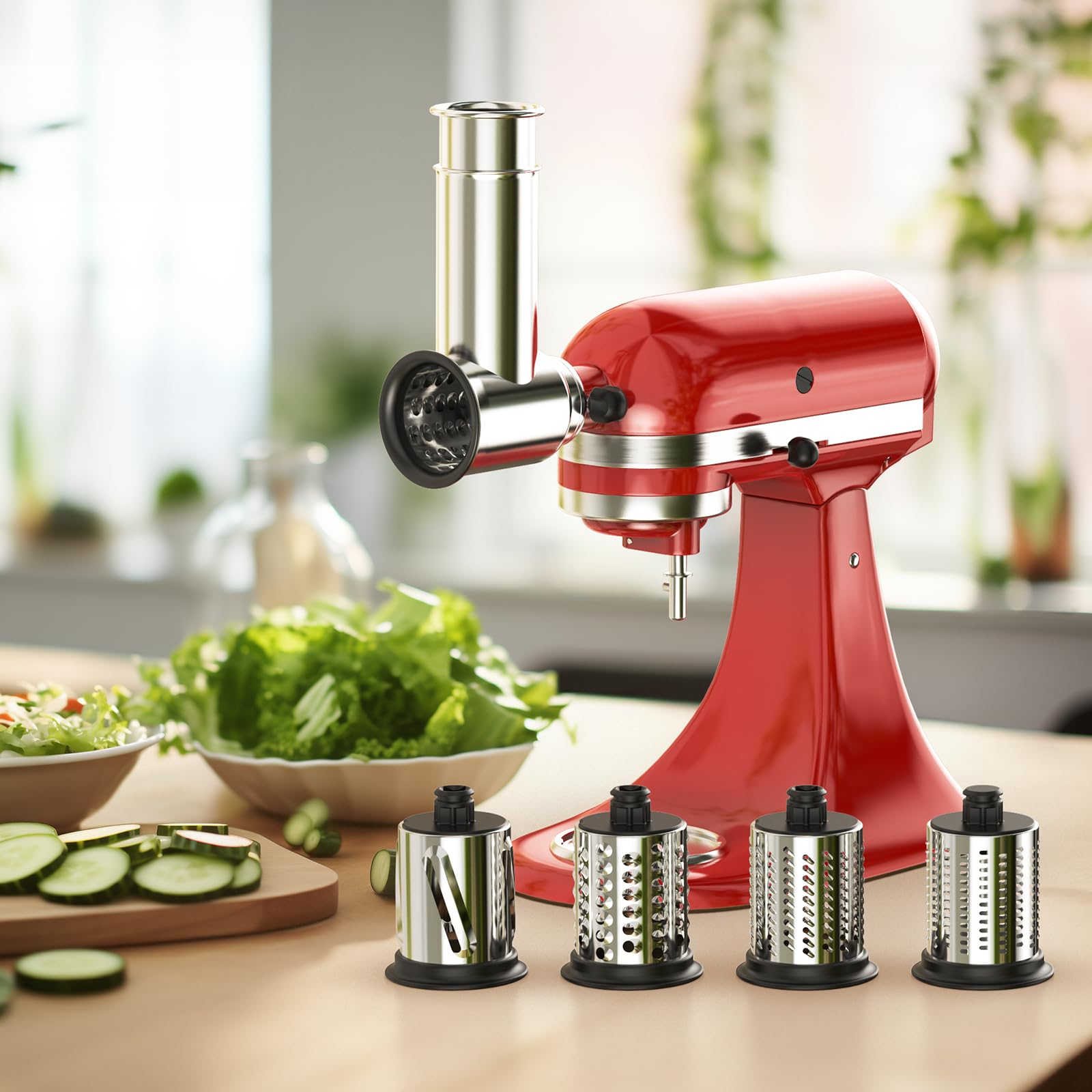Multi-purpose attachment for slicing, shredding, and grinding vegetables and cheeses with KitchenAid.