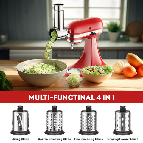 Safety push rod design for controlled cuts with the KitchenAid attachment.