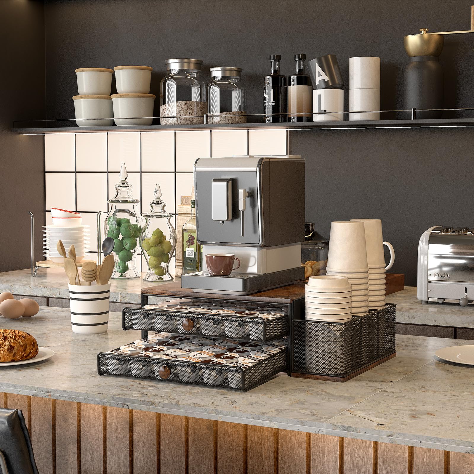 TQVAI K Cup Holder drawer open showing two 30-pod sections