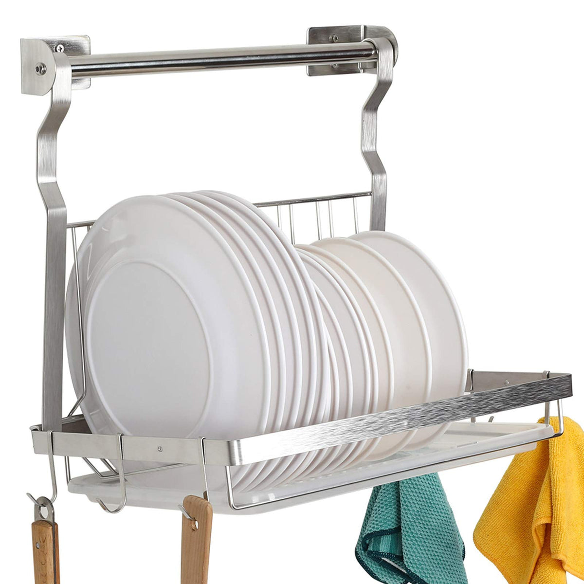 TQVAI over-sink dish drainer in stainless steel keeps countertops tidy.