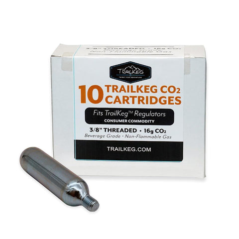 TrailKeg 16g threaded CO2 cartridge closeup showing secure threading for reliable use.