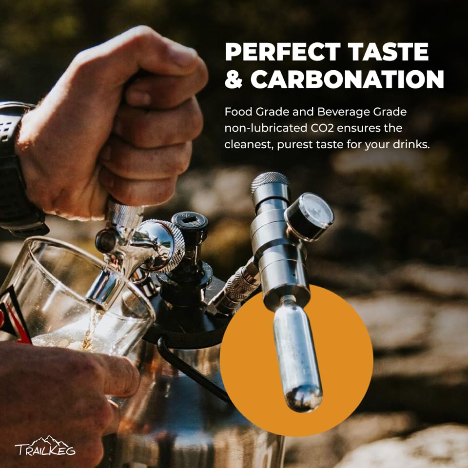 TrailKeg CO2 cartridge used with MTB inflator for quick tire top-ups.